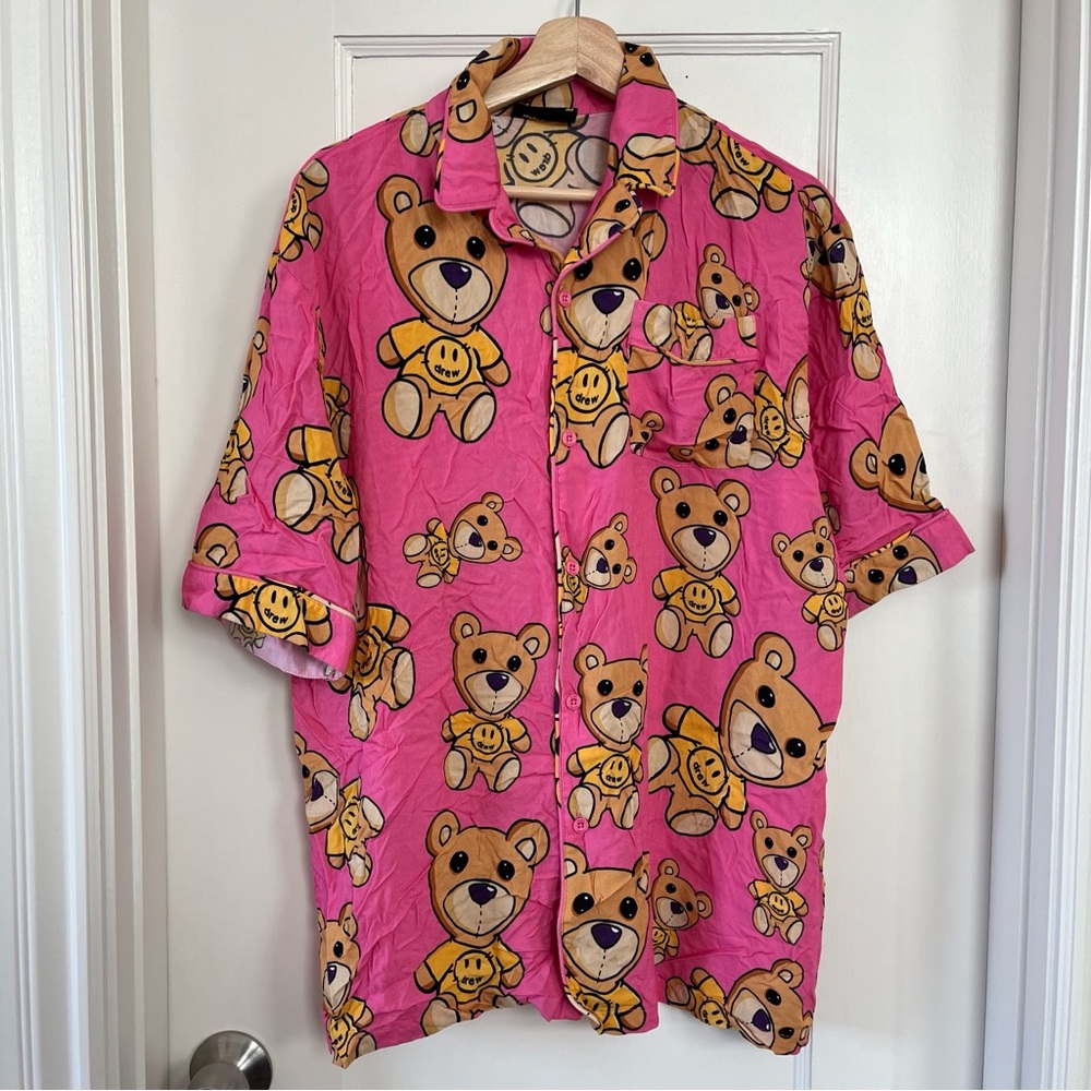 Drew House Theodore Bear Pink PJ Top Button Down Half Sleeve Shirt Sz Medium